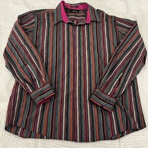 Brandini Striped Argyle Print Button Up Shirt Multicolor XL